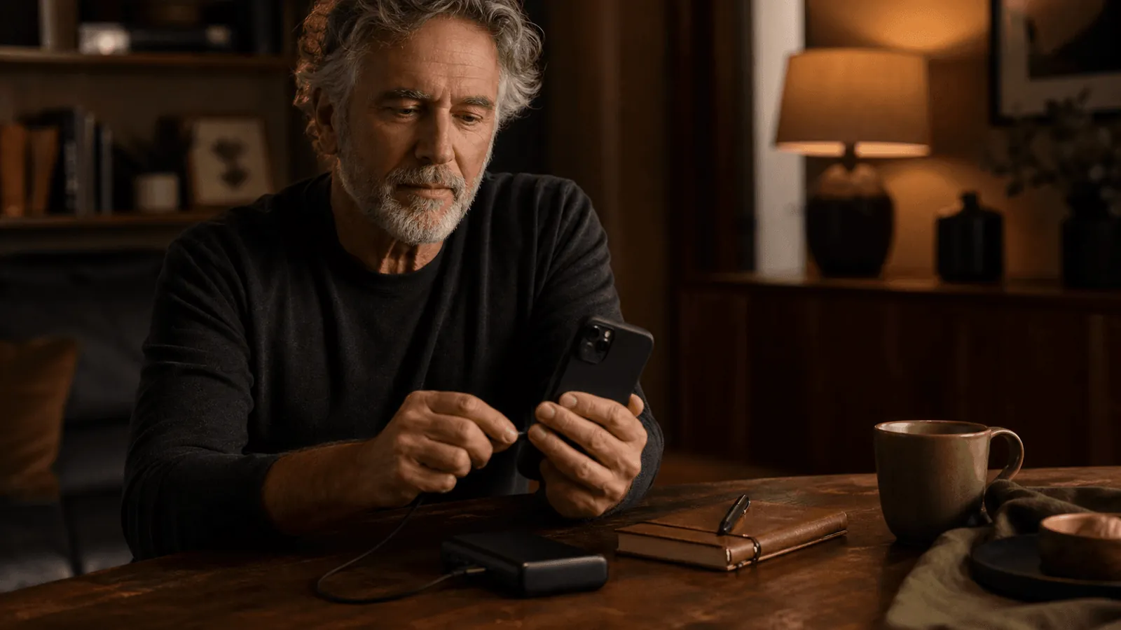 Senior qui recharge son smartphone avec une batterie externe