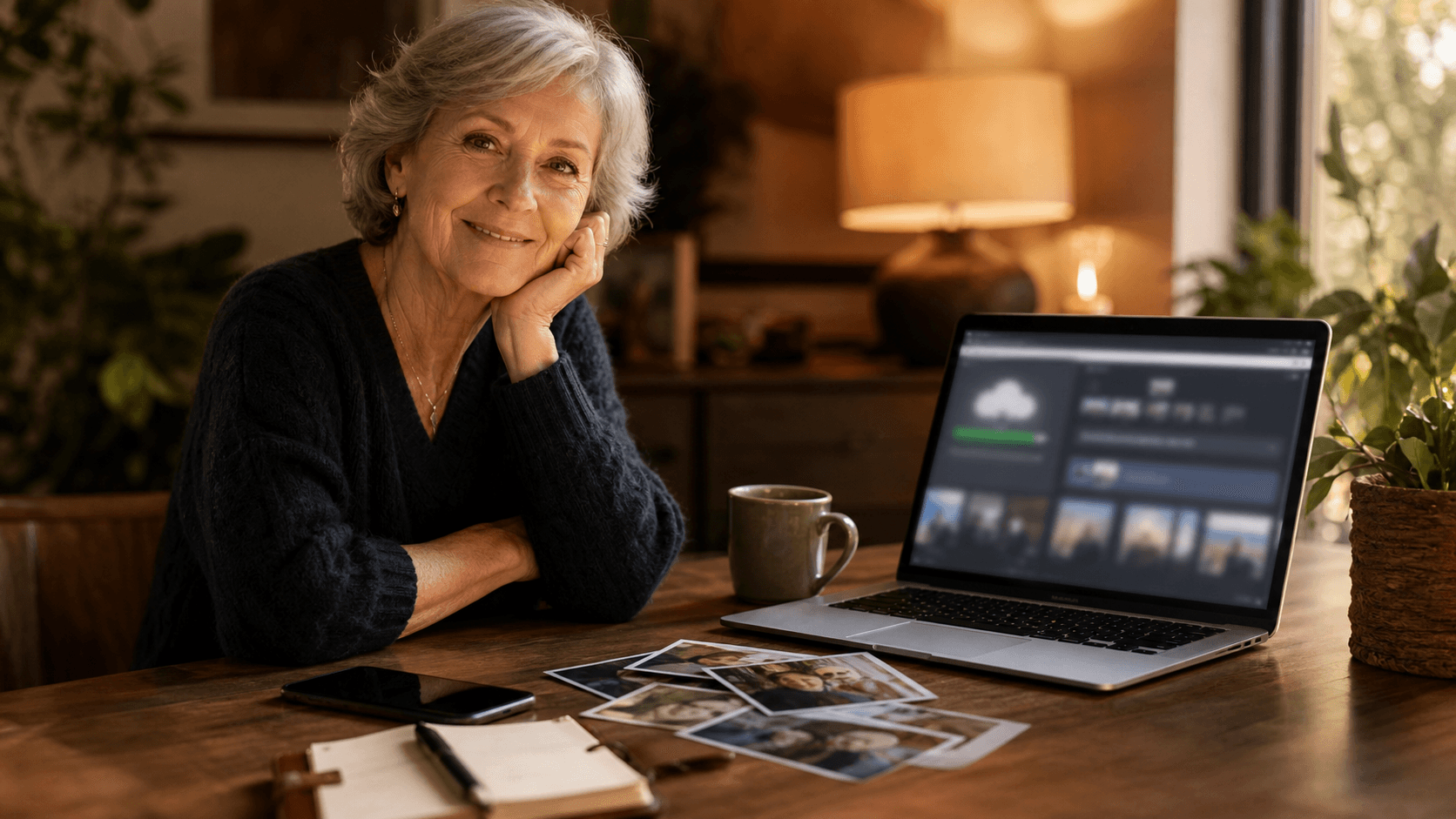 Senior qui prend le temps de sauvegarder les photos et contacts de son smartphone