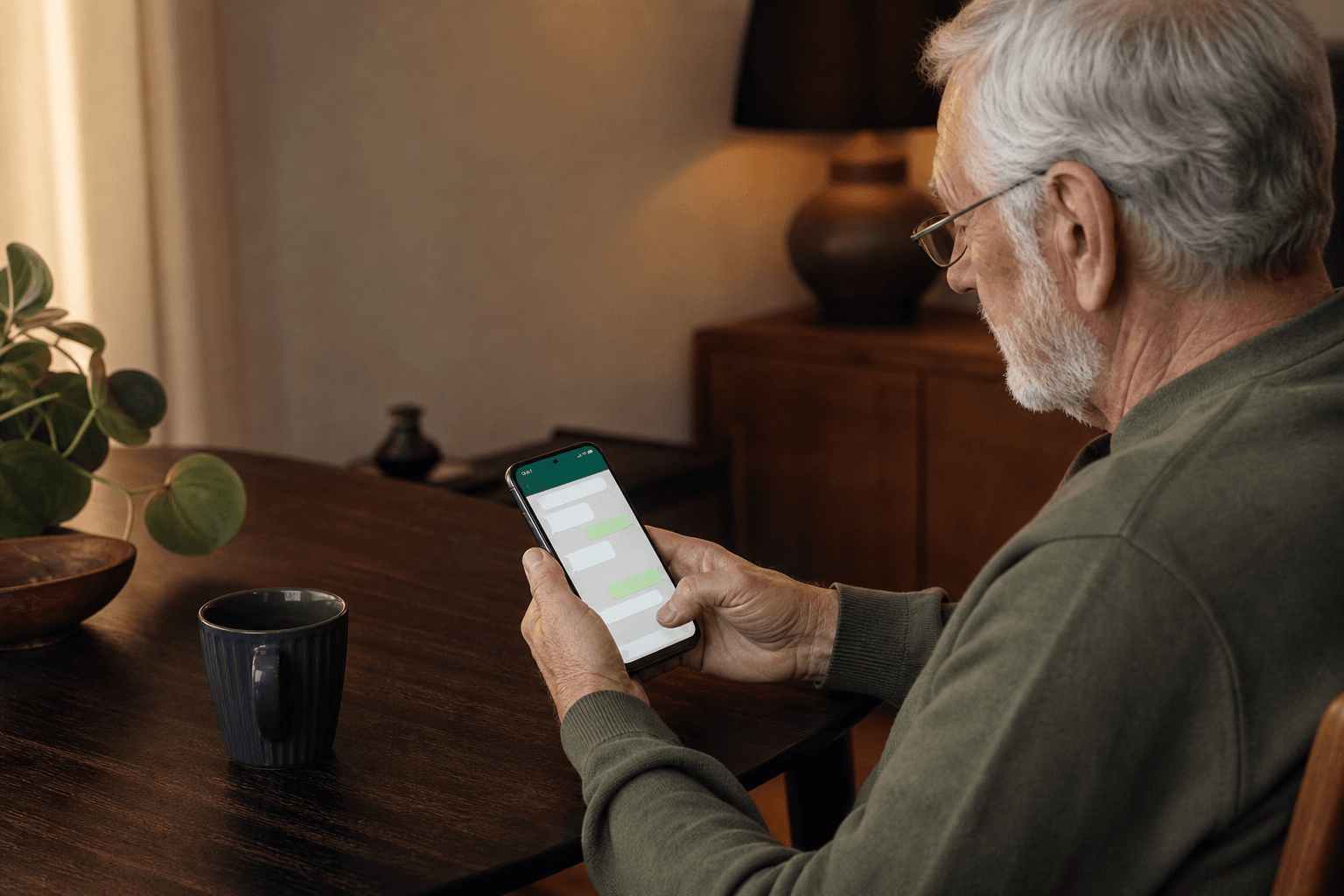 Senior qui prend le temps de sécuriser WhatsApp sur son smartphone