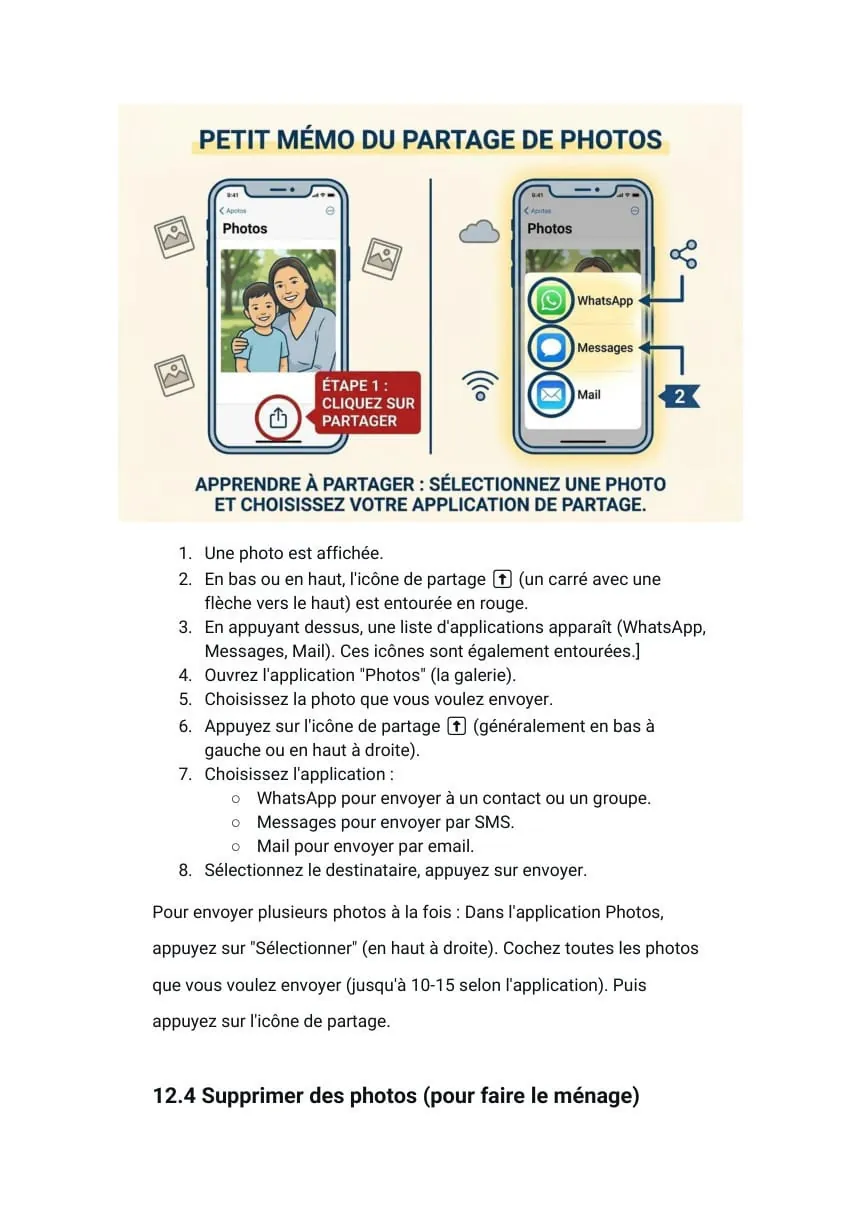 Page du guide sur le partage de photos avec WhatsApp, Messages et Mail