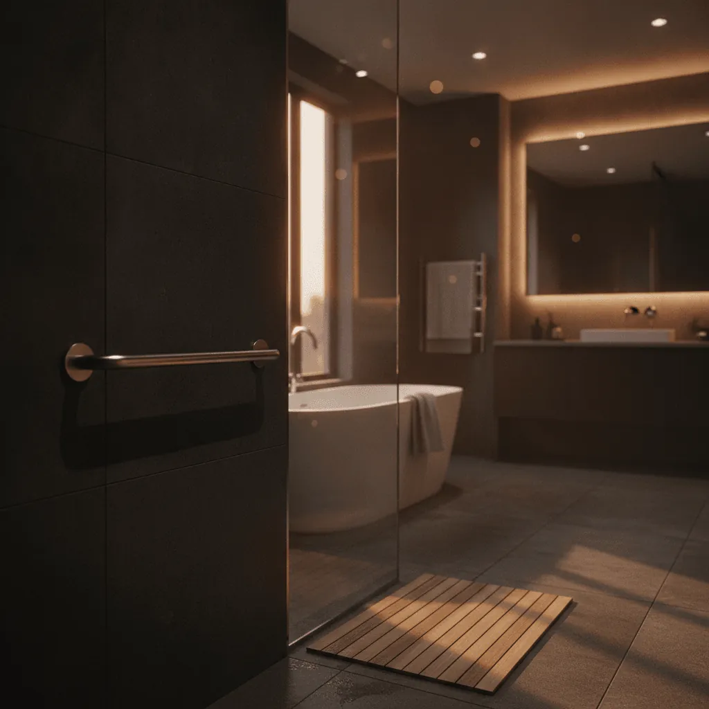 Salle de bain aménagée avec tapis antidérapant pour prévenir les chutes