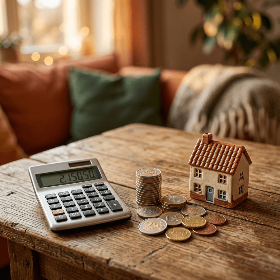 Calculatrice, pièces et petite maison symbolisant la planification du budget retraite