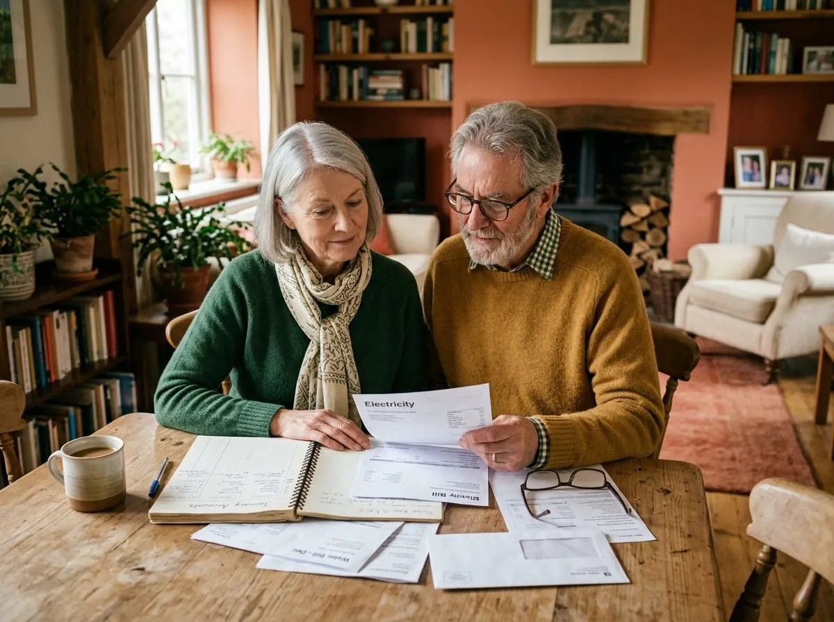 Couple de seniors consultant ensemble leurs factures et un carnet de comptes
