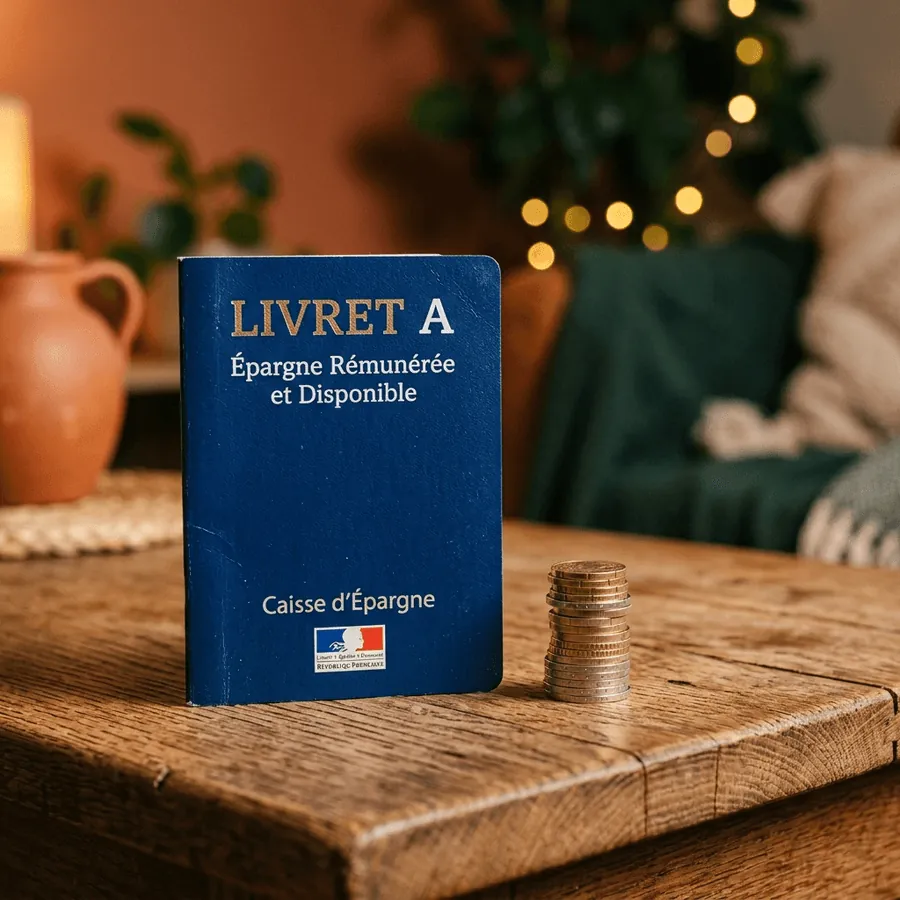 Livret A et pièces d'euros posés sur une table en bois