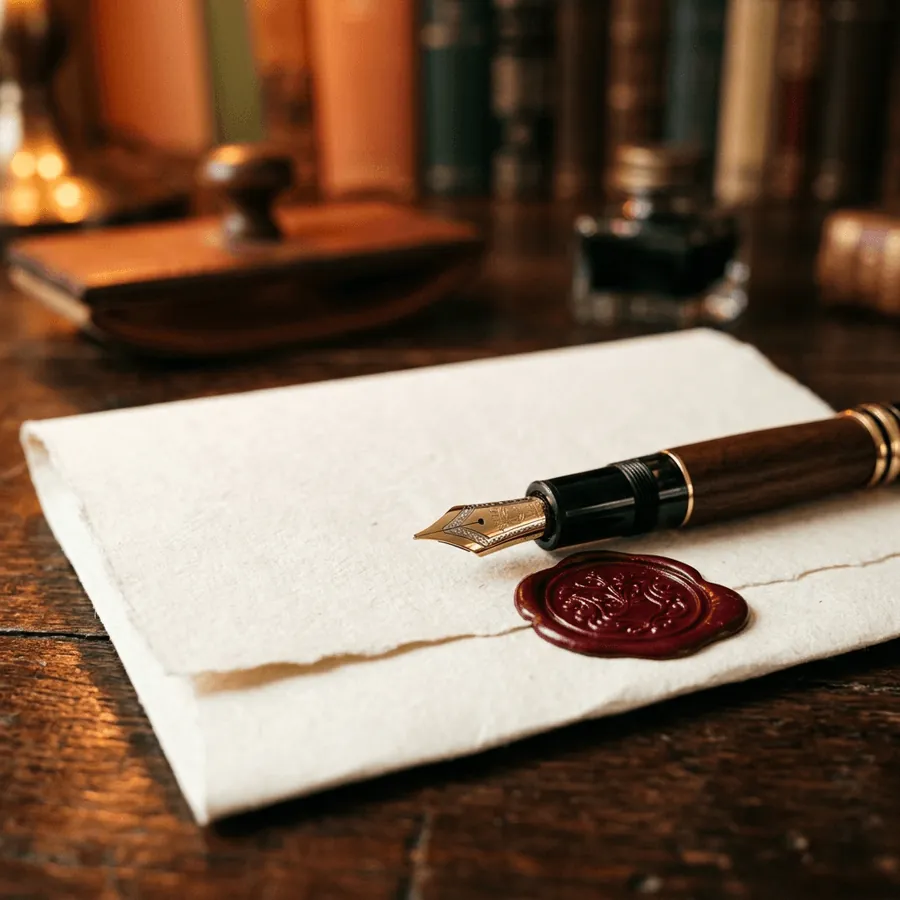 Stylo plume posé sur un document scellé de cire, bureau de notaire