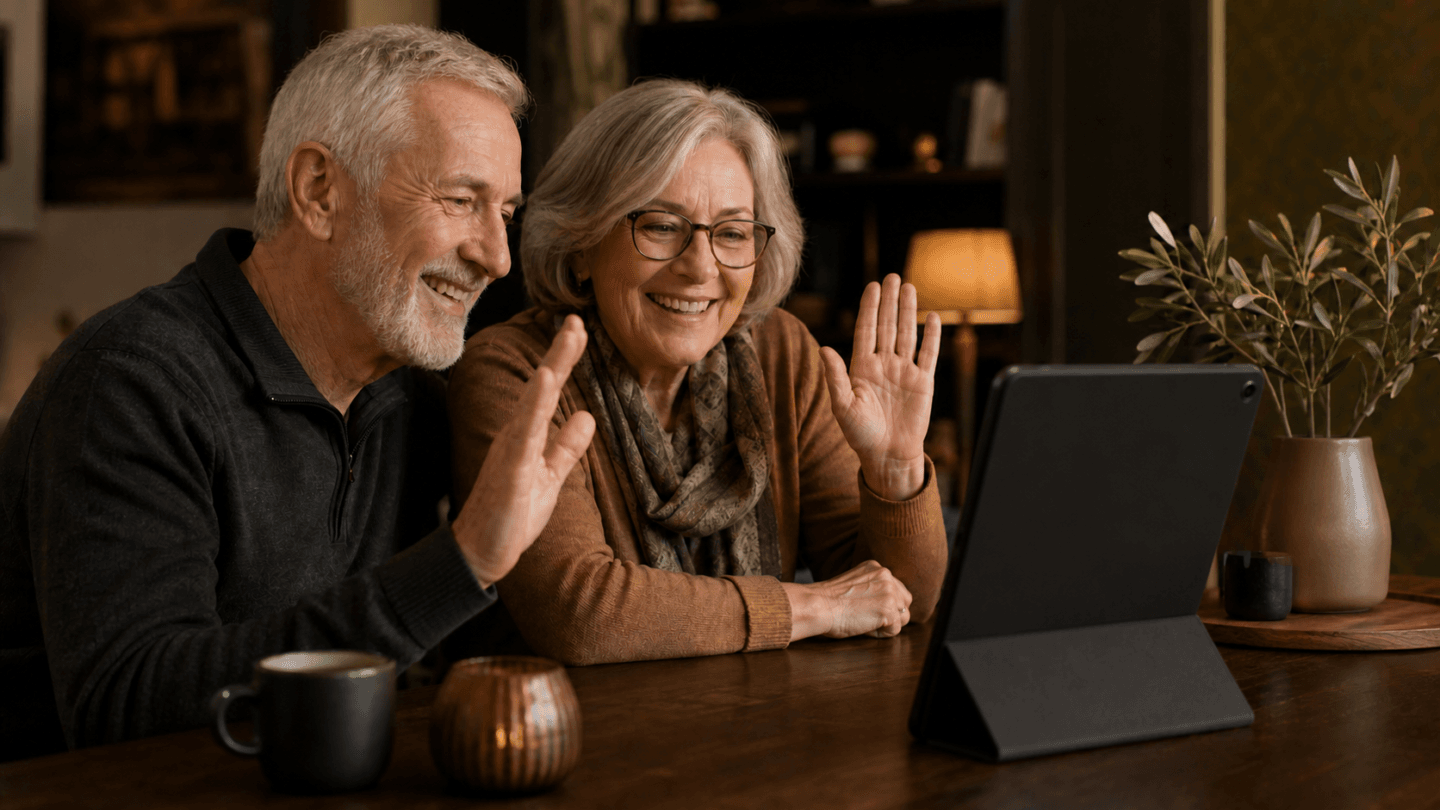 Couple de seniors en appel vidéo avec une tablette vue de dos