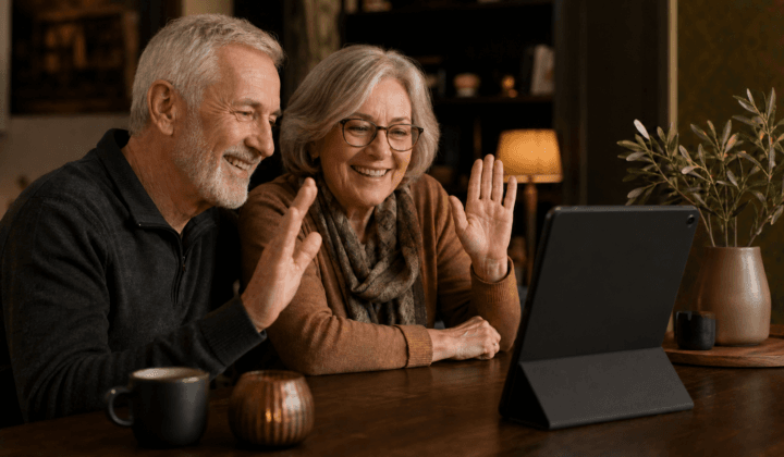 Couple de seniors en appel vidéo avec une tablette vue de dos