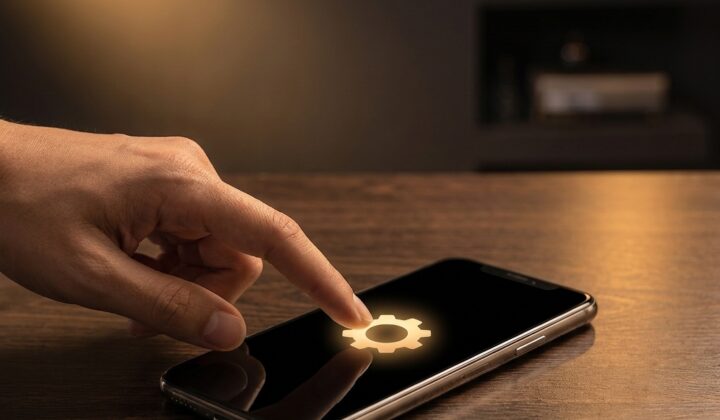 Main ajustant les réglages d'un smartphone posé sur un bureau en bois