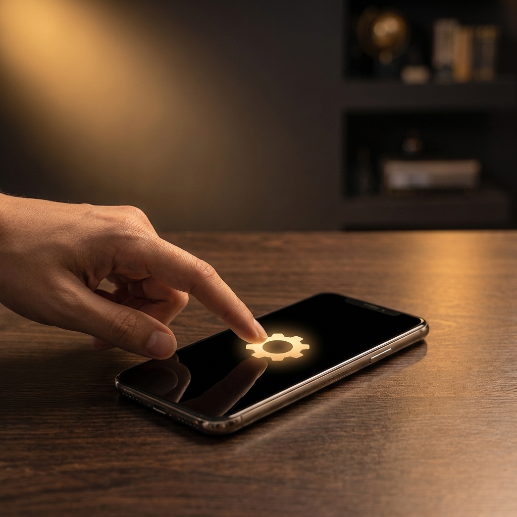 Main ajustant les réglages d'un smartphone posé sur un bureau en bois