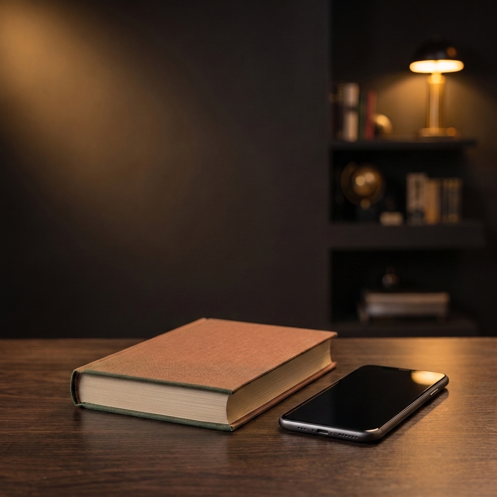 Guide relié posé à côté d'un smartphone sur un bureau en bois