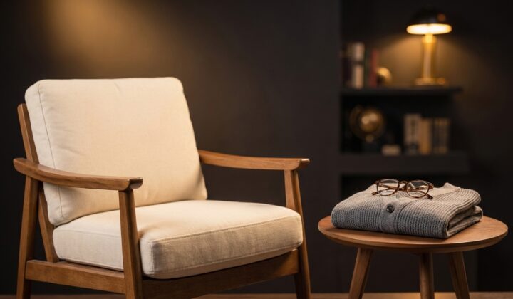 Fauteuil en bois avec coussin clair, lunettes de lecture et gilet plié sur une table basse, ambiance chaleureuse