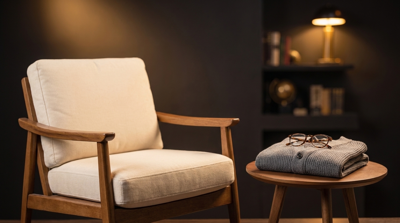 Fauteuil en bois avec coussin clair, lunettes de lecture et gilet plié sur une table basse, ambiance chaleureuse