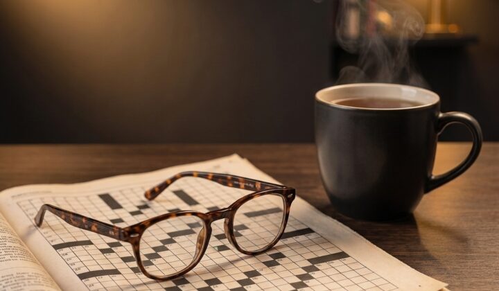 Lunettes de lecture posées sur une grille de mots croisés, tasse de thé fumante à côté
