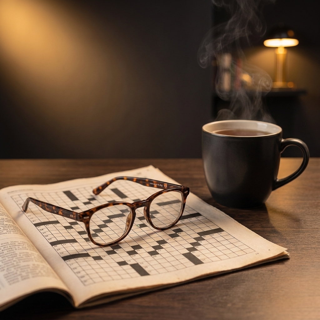 Lunettes de lecture posées sur une grille de mots croisés, tasse de thé fumante à côté