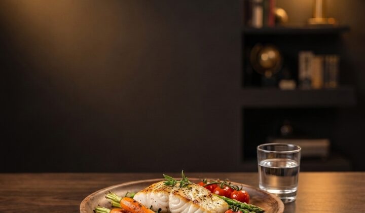 Assiette de poisson et légumes colorés avec un verre d'eau sur une table en bois