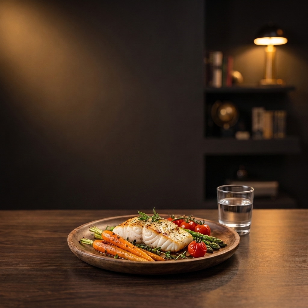 Assiette de poisson et légumes colorés avec un verre d'eau sur une table en bois