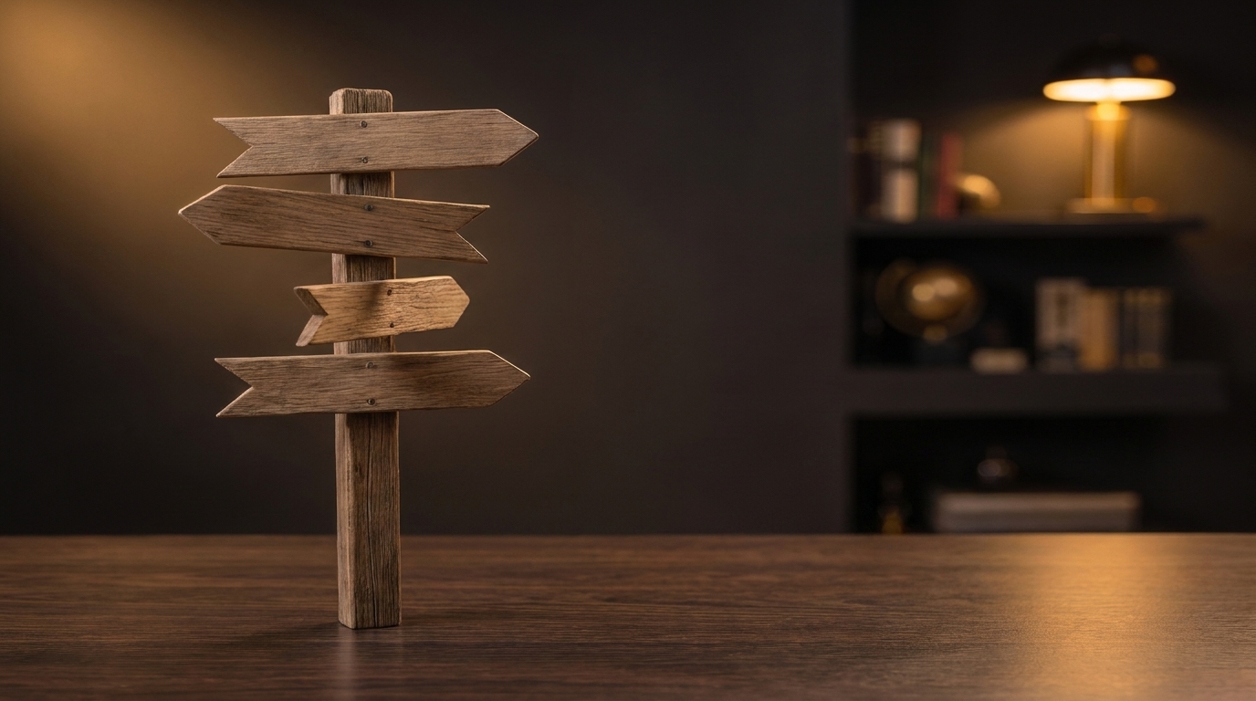 Panneau en bois avec plusieurs fleches directionnelles sur un bureau, ambiance orientation