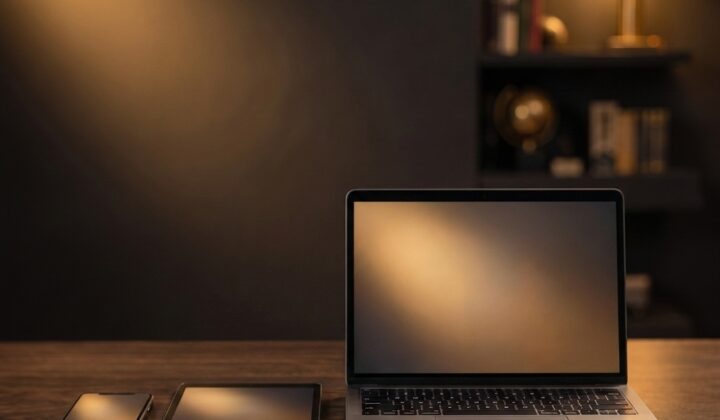 Smartphone, tablette et ordinateur portable posés côte à côte sur un bureau en bois