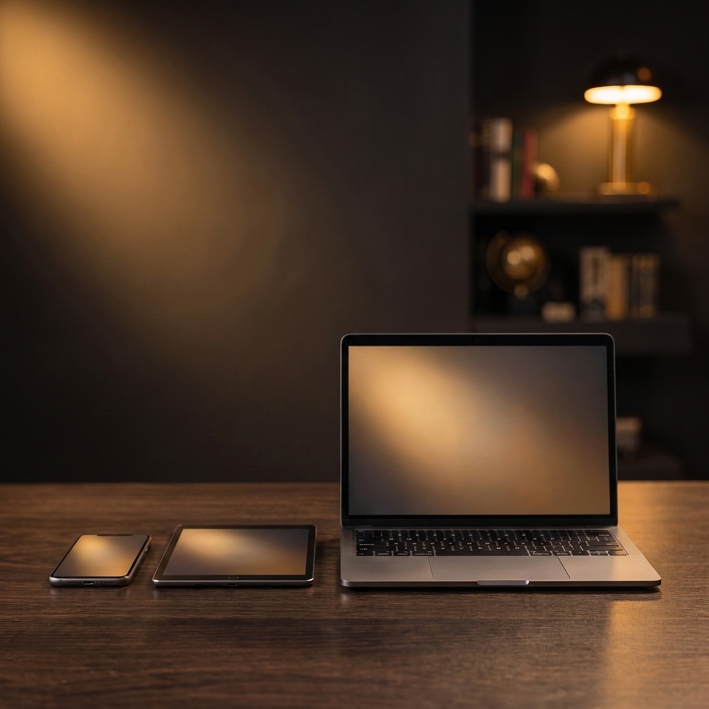 Smartphone, tablette et ordinateur portable posés côte à côte sur un bureau en bois