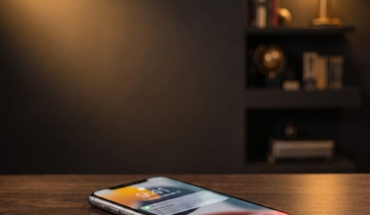 Smartphone affichant une notification de message suspect, posé sur un bureau en bois avec éclairage doré