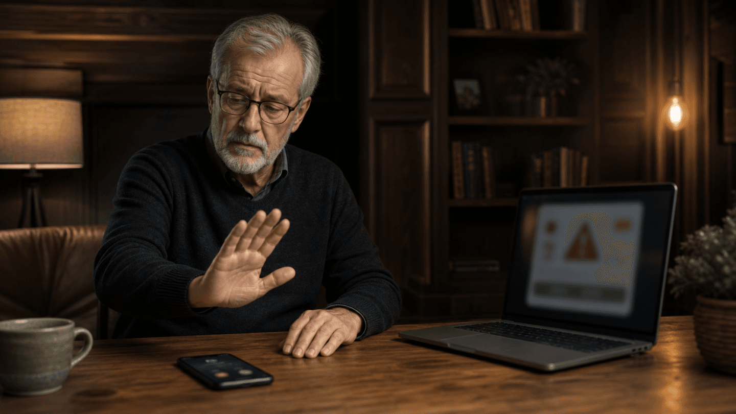 Senior qui refuse une fausse assistance technique au téléphone