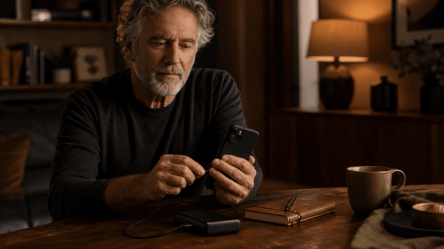 Senior qui recharge son smartphone avec une batterie externe