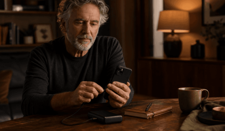 Senior qui recharge son smartphone avec une batterie externe