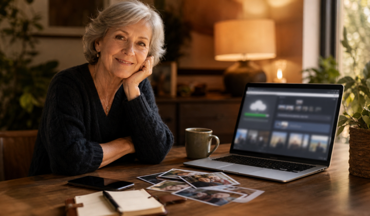 Senior qui sauvegarde ses photos et contacts de smartphone