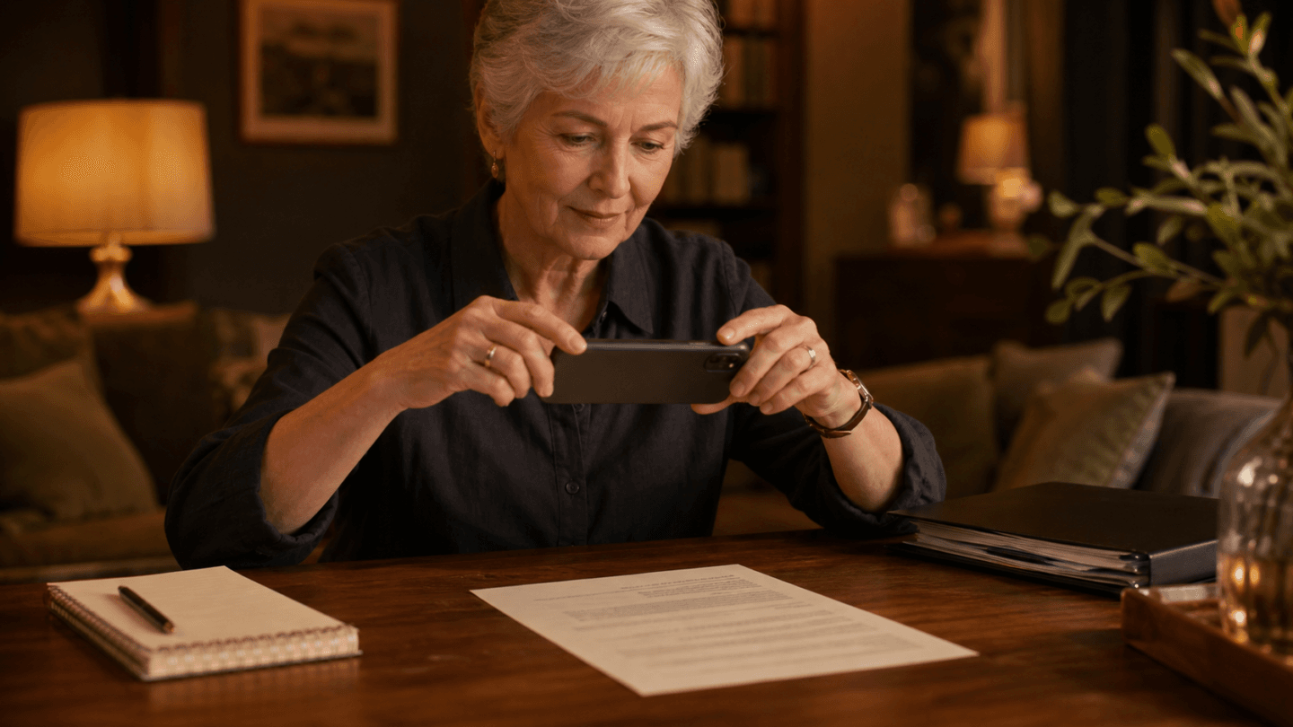 Senior qui scanne un document avec son smartphone