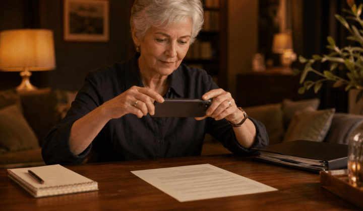 Senior qui scanne un document avec son smartphone