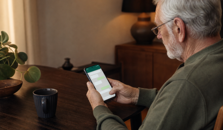 Senior qui sécurise son compte WhatsApp sur son smartphone