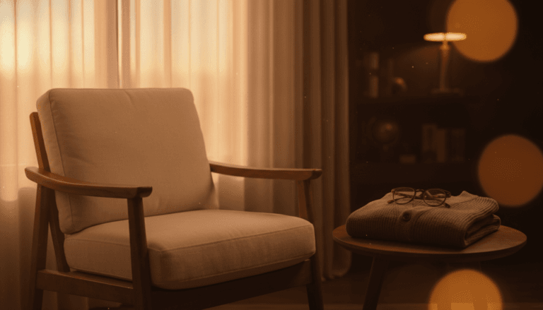 Fauteuil de lecture cosy avec lunettes, propice à la routine du soir