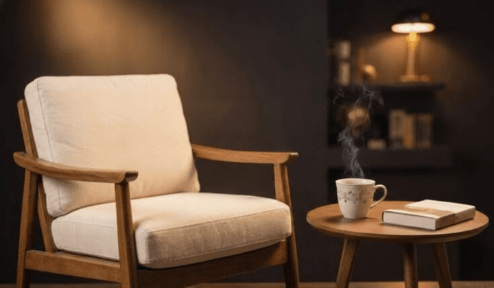 Coin lecture apaisant avec tisane chaude pour calmer l'anxiété après 60 ans