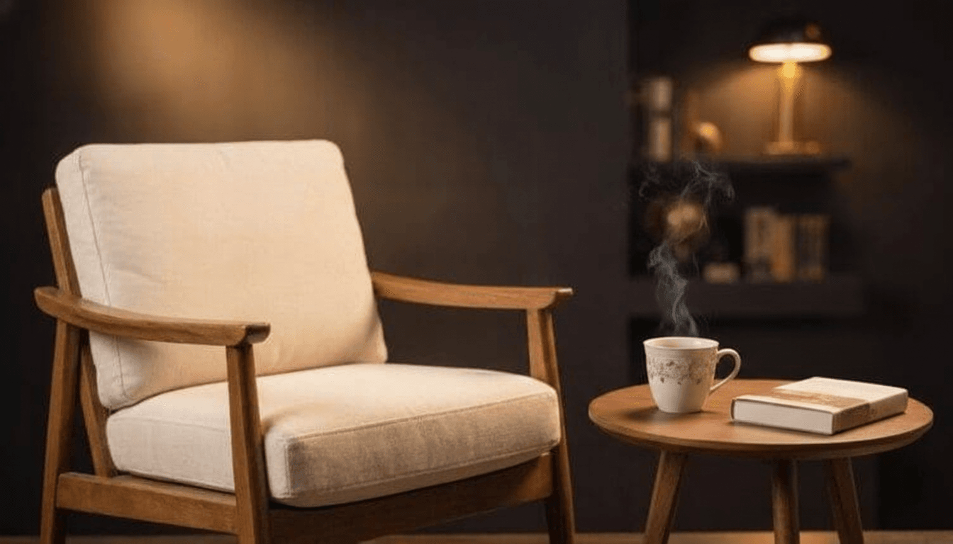 Coin lecture apaisant avec tisane chaude pour calmer l'anxiété après 60 ans